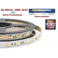 Tira LED Flexible 24V 28,8W/mt 160 Led/mt SMD 2835 IP20 CCT 2400ºK a 6000ºK IRC>90, Serie Profesional, Venta por metros